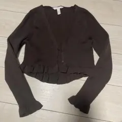 H&M フリル付き長袖カーディガン クロップド丈 ダークブラウン