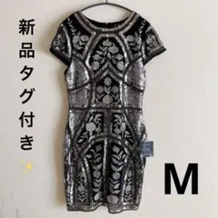 新品タグ付★ 半袖ワンピース ドレス 【M】 刺繍ビーズ装飾 パーティー 黒