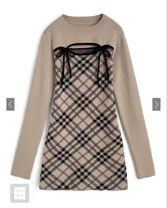 チェック柄フロントオープンリボンニットミニワンピース （ru1372） スナ系