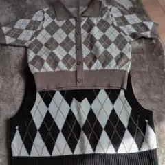 アーガイル柄 半袖ニット ブラウン系