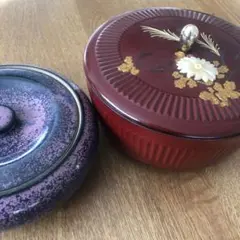 昭和レトロ  蓋つき鉢2個セット　漆器菓子鉢　陶器菓子鉢 　蓋つき鉢