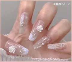 新品★【ネイルチップH】 ピンク 薔薇 バラ パール ストーン ワンホン