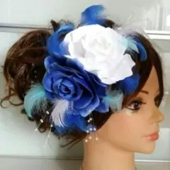 青×白の髪飾り 薔薇 羽根 ヘッドドレス
