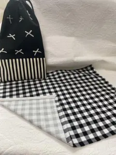 黒白チェック柄ランチマットと巾着袋