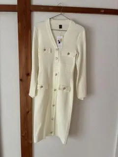 クリーム色リブ編みニットワンピース