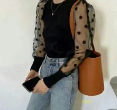 新品 レディース トップス ニット パフスリーブ ドット シースルー 黒 秋