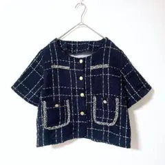 【F】ショート丈ジャケット　ノーカラー　チェック柄　ツイード風　ボタン　韓国風