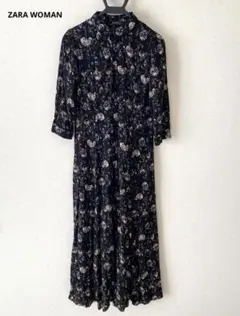 ZARA WOMAN 花柄ロングワンピース　ブラック　七部袖　レディース　Mのサムネイル