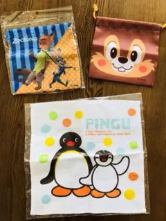 新品・未使用 ディズニー 巾着袋とピングー ガーゼハンカチ