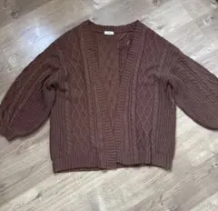 ブラウン ケーブルニット カーディガン 冬 長袖 ベルト付き セーター 茶色L