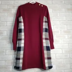 ブルーレーベル ニットワンピース チェック レッド 金ボタン