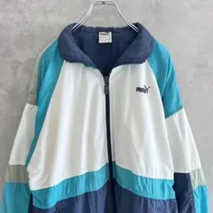 90s PUMA プーマ ナイロンジャケット ホワイト×ネイビー×ブルー L相当