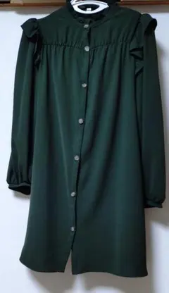ZARA ダークグリーン フリルシャツドレス