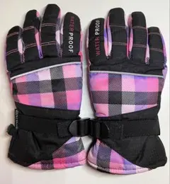 防水 スキーグローブ ピンク・黒・紫 チェック柄