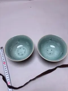 青緑色の陶器製茶碗2個セット　高麗青磁　柏岩陶窯　茶碗
