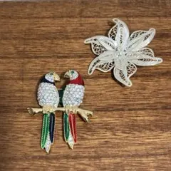 レトロ vintage お花 鳥 ブローチ 2点セット シルバー系