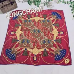 美品✨LONGCHAMP　大判シルクスカーフ　エンブレムタッセル　ワインレッドのサムネイル