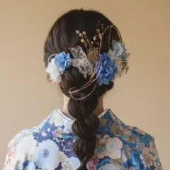 【金箔シート付き】卒業式　成人式　和装髪飾り　和風 青色系 花飾り　袴　着物
