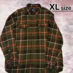 USA古着　フランネルシャツ　XL　カーキグリーン　オレンジ　チェック柄　長袖