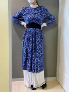 古着 アンティーク ビンテージ 80s 青 黒 花柄 ドレス ワンピース 美品