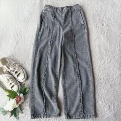 美品(M)ストレートデニムパンツ/フリンジ/ジーンズ/ジーパン/ウエスト後ろゴム