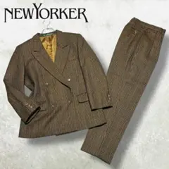 美品 ニューヨーカー セットアップ パンツ ダブル チェック ブラウン ウール