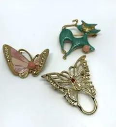 和装小物 ブローチ 猫 蝶 アンティーク調 3点セット ゴールドカラー