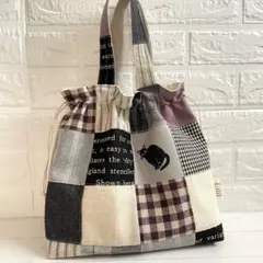 【にっしん様】パッチワーク＊巾着バッグ 大きめ　モノトーンパープル　ハンドメイド