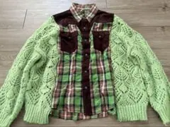 ハンドメイド　古着リメイク　ウエスタンシャツ　セーター　黄緑　チェック