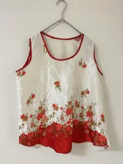 レトロ 花柄 タンクトップ ノースリーブ ブラウス 裾デザイン 白 赤