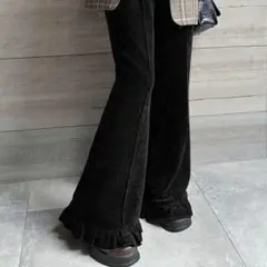 FRIFUL レディース シンプル 無地 ウエスト ゴム フリル裾 フレアパンツ