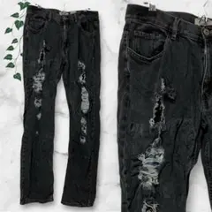 レア ダメージ ブラックデニム 32インチ クラッシュ グランジ パンク Y2K