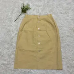 黄色膝丈スカート台形スカートフロントボタン春服イエロー昭和レトロリネン混タイト