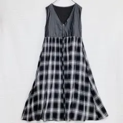 シュリーブ 異素材ワンピースMチェック フレア ロング ノースリーブ 切替