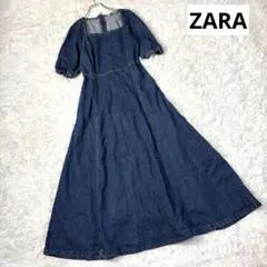 ZARA パフスリーブ　デニムロングワンピース　インディゴ　フレアシルエット　S