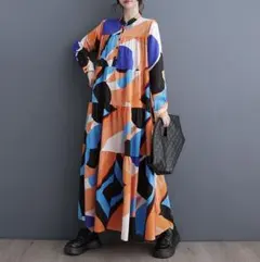 ロングワンピース　レディース　バンドカラー　マキシワンピース　オレンジ　ブルー