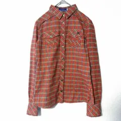 バーバリーブルーレーベル　長袖ネルシャツ　オレンジチェック柄　綿　ロゴ入り　S