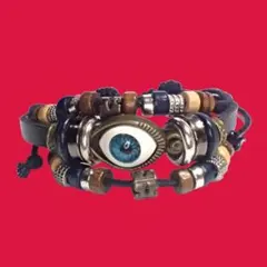 三連　目玉　レザー　ブレスレット　インディアン　黒色