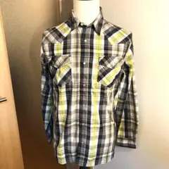 メンズ【美品 リーバイス】M ウエスタン シャツ グレー イエロー チェック 黒