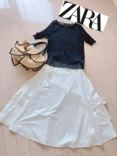 ZARA サイドリボン/ ミディスカート　ホワイト