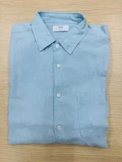 【美品】ユニクロ プレミアムリネンシャツ XL ライトブルー 麻100％ 春夏
