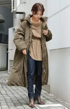 アングリッドオリーブグリーン フード付きロングダウンジャケット Mサイズ