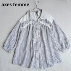 axes femme　レースフリルデザイン五分袖ブラウス　M　ネイビーストライプ