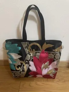 帯リメイクバッグ　花柄刺繍トートバッグ