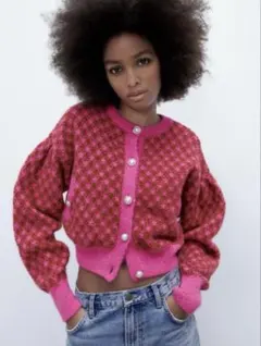 ZARA ピンク チェックニットカーディガン