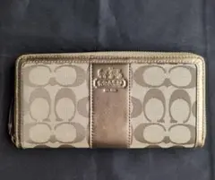 COACH★コーチ ラウンドファスナー長財布 シグネチャー ゴールド×ベージュ