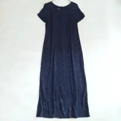 A2165 ローラアシュレイ 刺繍花柄ワンピース 光沢感 マキシ丈 38 紺色