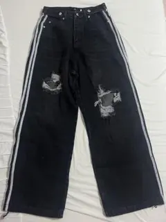 黒 ダメージ ジーンズ ズボン ラインパンツ