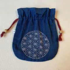 ハンドメイド ネイビー 巾着袋 刺繍入り 約20cm x 15cm