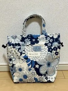 【お値下げ】ランチトート　バッグ　巾着　青　ブルー　花柄　【ハンドメイド】